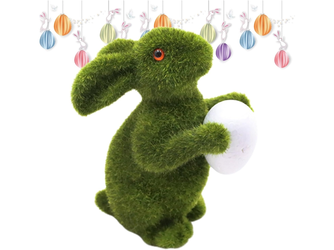 Estatueta Genérica de Coelho com Penugem, Decoração Festiva Verde Feita de Musgo Artificial, Decoração de Coelho da CHABERLU