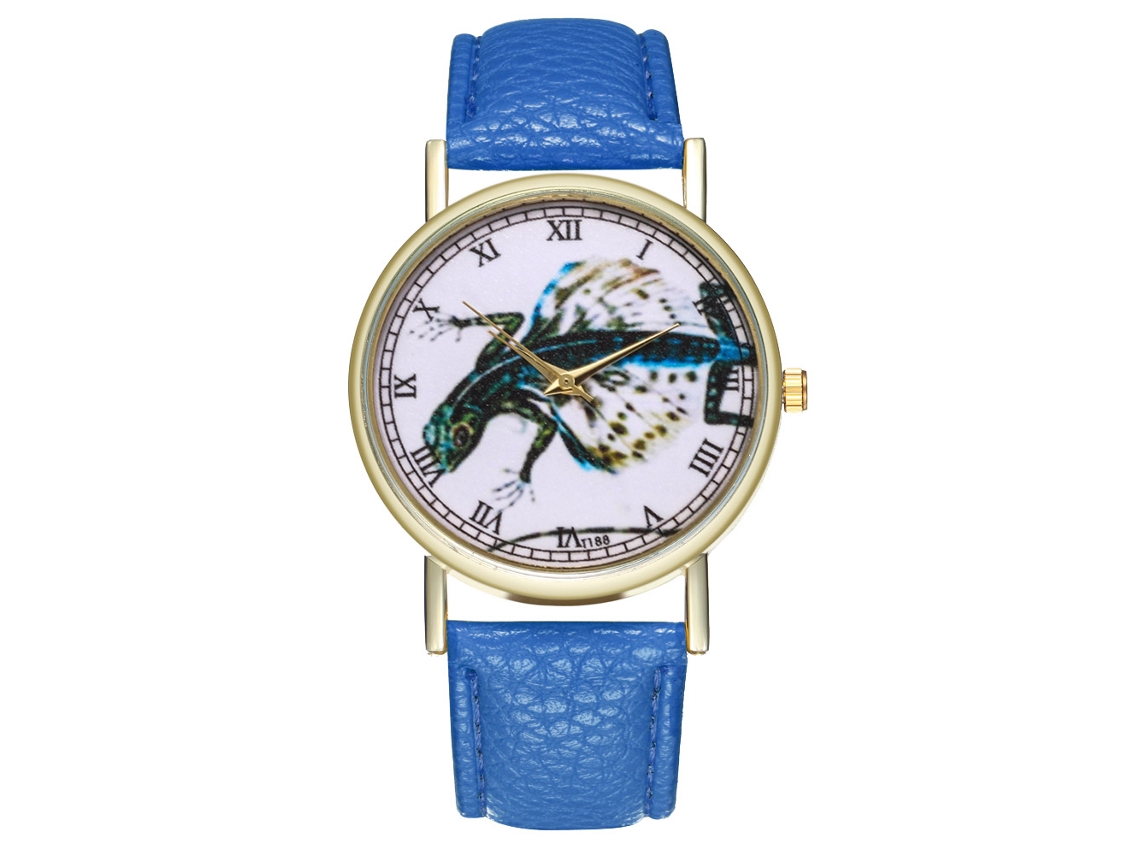 Reloj Casual De Moda Hombre Mujer Lagarto Volador Cuarzo Correa De Cuero Azul Oscuro