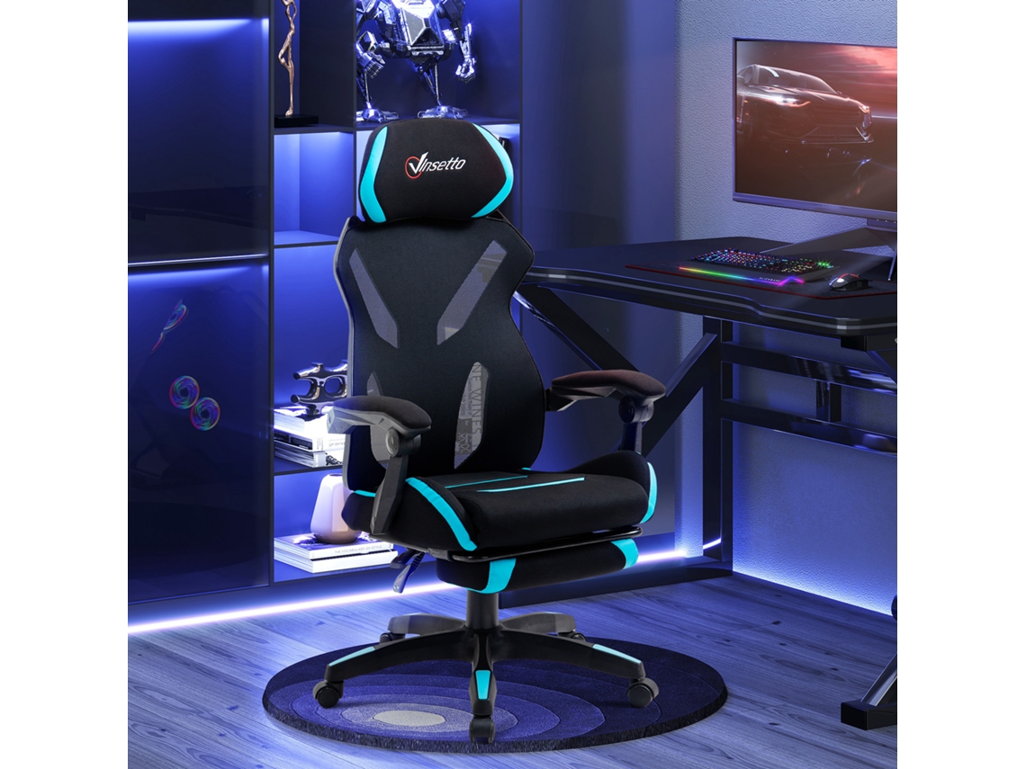 Cadeira Ergonômica Para Escritório E Gamers, Com Suporte Lombar, Tecido Preto E Azul, Altura Ajustável De 119 A 129cm E Medidas 65x65cm.