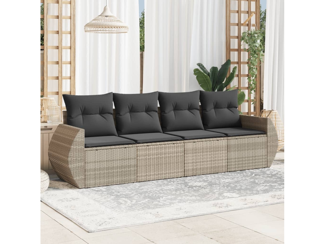 Vidaxl 4 Pcs Conj. Sofás Jardim C/ Almofadões Vime Pe Cinzento-claro