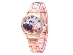 Relógio de quartzo unissex com pulseira de aço, estampa de cisne com strass, cor ouro rosa.