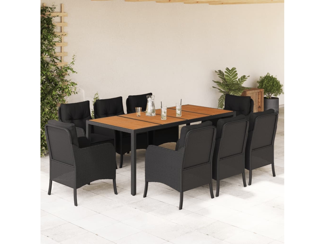 Vidaxl 9 Pcs Conjunto De Jantar P/ Jardim C/ Almofadões Vime Pe Preto