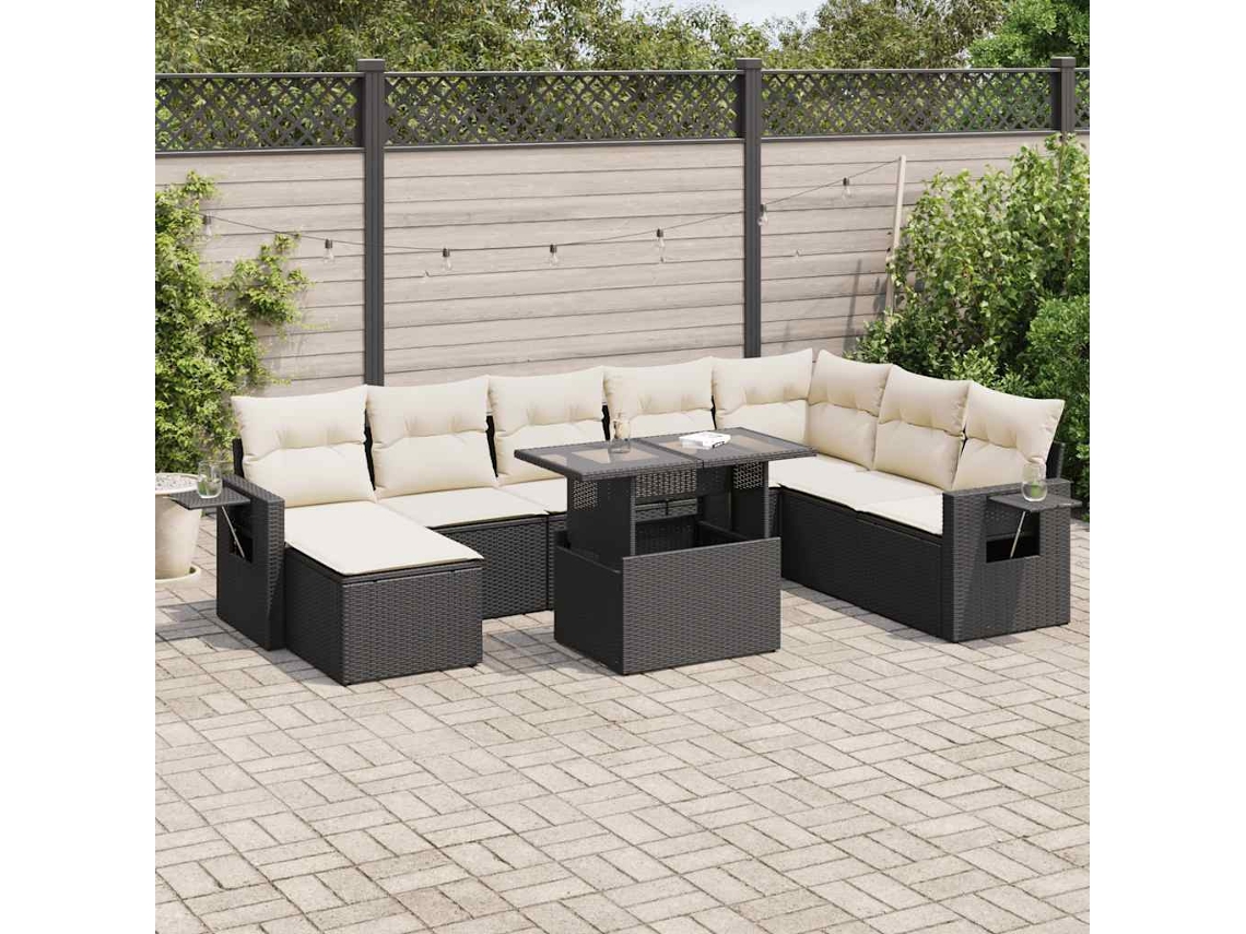 Vidaxl 9 Pcs Conjunto De Sofás P/ Jardim C/ Almofadões Vime Pe Preto