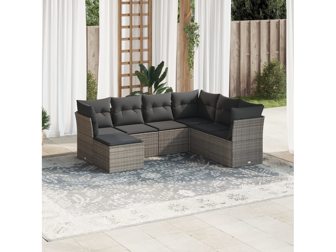 Vidaxl 7 Pcs Conjunto Sofás P/ Jardim C/ Almofadões Vime Pe Cinzento