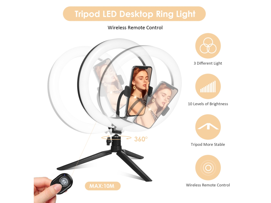 2026 lâmpada Selfie Led Circular de 10.2'' com Controle Remoto Bt, 3 Cores, 10 Níveis de Brilho e Tripé Usb