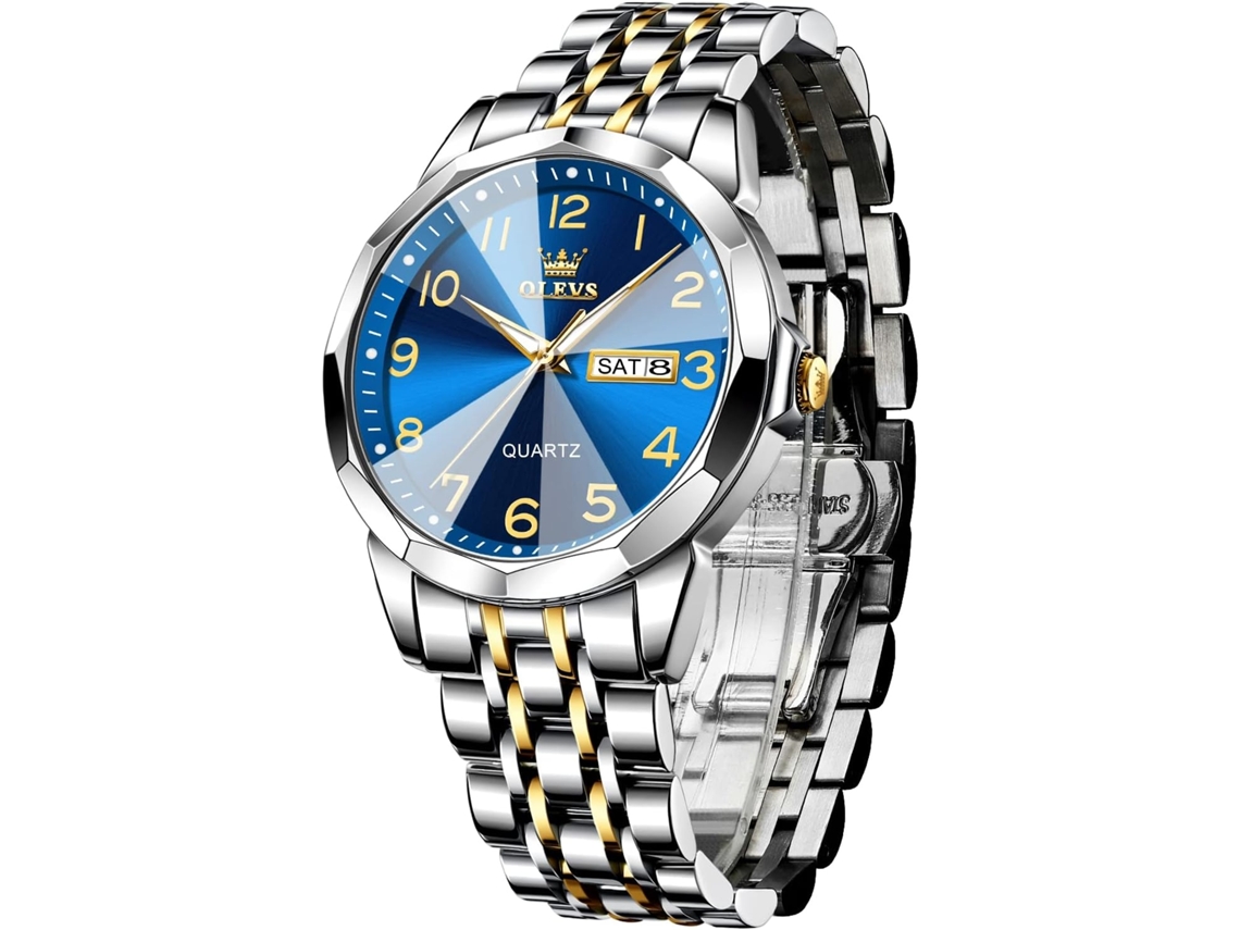 Lurelia Relógio Feminino, Movimento De Quartzo, Data/calendário, Luminoso, Duplo Fuso/mostrador, Detalhes Com Strass, Aço Inoxidável, Azul
