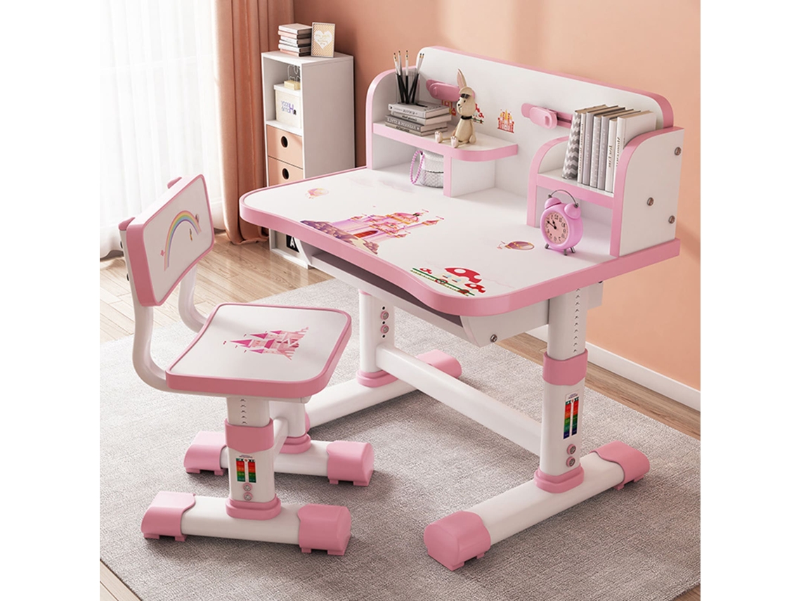 Escrivaninha Infantil Com Cadeira - Altura Ajustável - Com Gaveta -estrutura Em Aço Laminado A Frio E Placa De Alta Densidade - Rosa