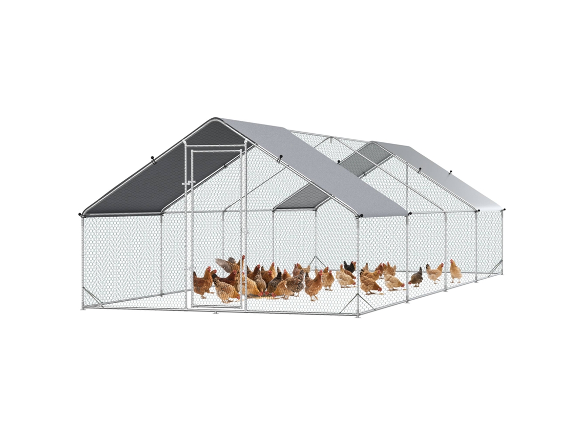 Galinheiro De Exterior Grande 3x8x2m Gaiola Para 16-24 De Aço Galvanizado Com Teto De Pe E Fechadura Para Coelhos Prata