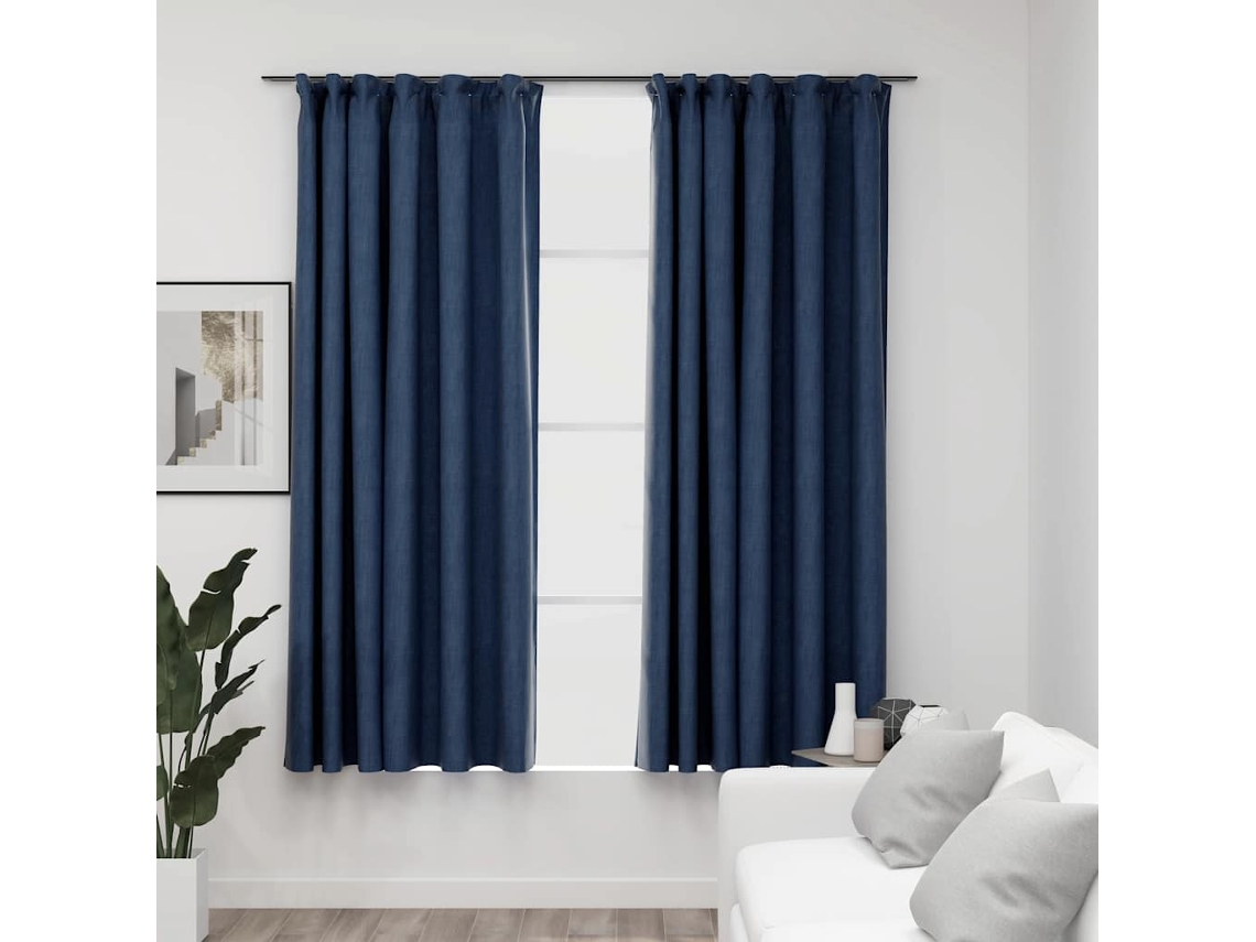 Vidaxl Cortinas Opacas Aspeto Linho C/ Ganchos 2 Pcs 140x175 Cm Azul