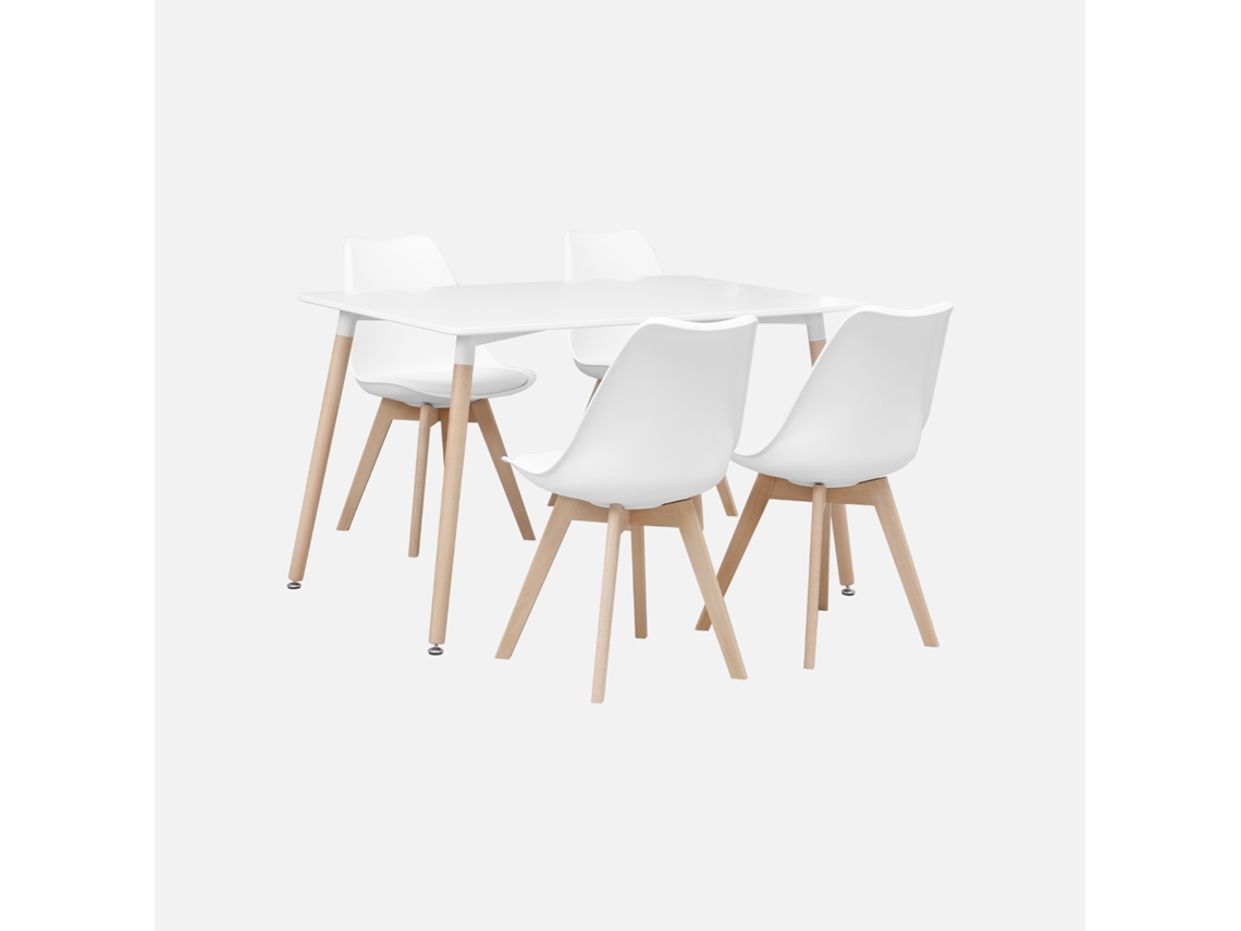 Mesa de Jantar Escandinava com Pernas de Madeira e 4 Cadeiras Branco SWEEEK