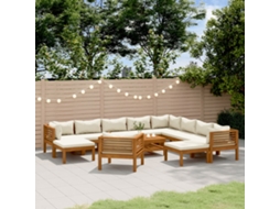 12 Pcs Conjunto Lounge Jardim C/ Almofadões Creme Acácia Maciça Dkd Home Decor
