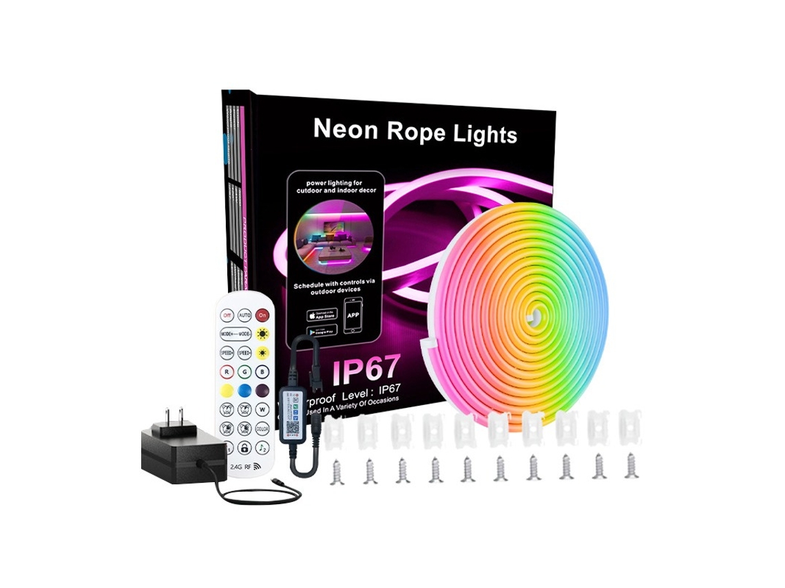 Fita Led Neon Flexível, Ip67, 15 M, Rgbic, Em Silicone, Comando Remoto, Bluetooth, Resistente À Água