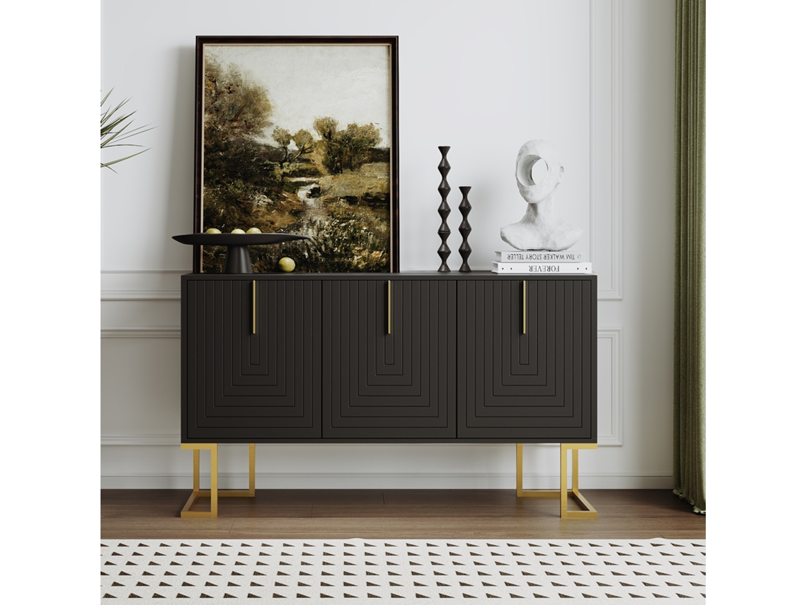 Buffet Três Portas Pretas Formato U, Punhos Metálicos E Base, Prateleiras Moduláveis Para Cozinha E Sala De Jantar