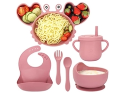 Conjunto para Alimentação de Bebê, Conjunto Silicone 6 Peças com Ventosa, Prato em Formato Caranguejo Compartimento, Babadores Aj AQUAFORGE