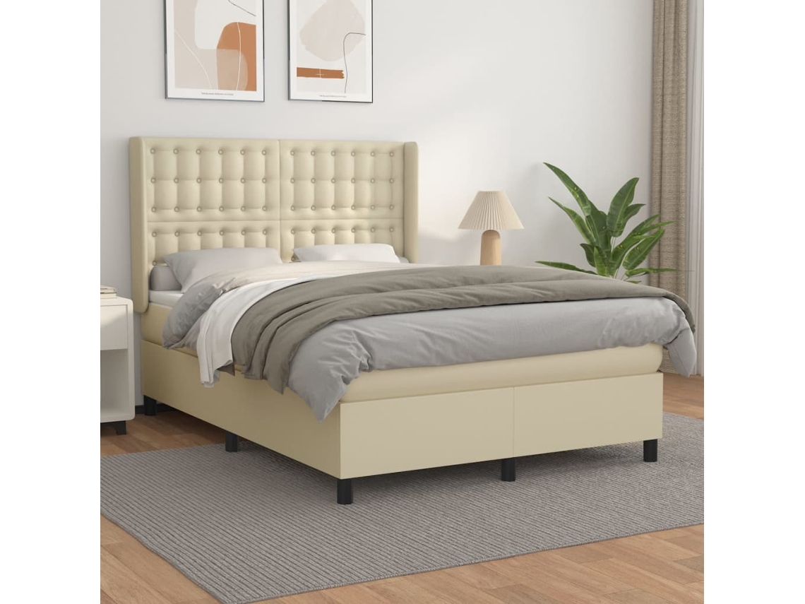 Vidaxl Cama Com Molas/colchão 140x190 Cm Couro Artificial Cor Creme