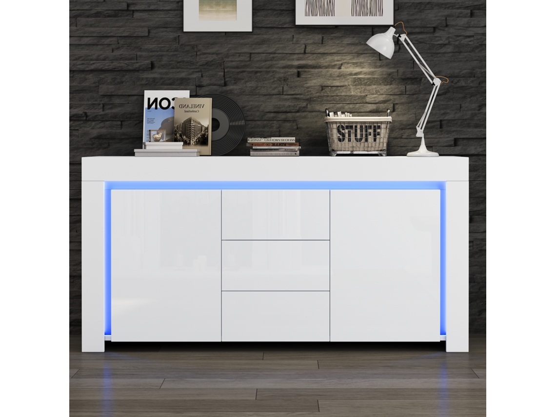 Aparador Branco 140x40x65cm, 3 Gavetas, 2 Portas, Led.-xm