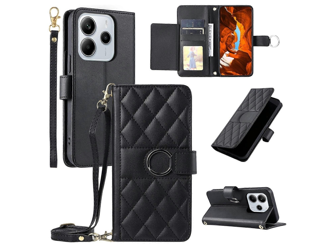 Capa De Couro Transversal Com Fivela De Anel E Suporte Tipo Carteira Para Xiaomi Redmi Note 14 4g (163,25 Mm) Preta