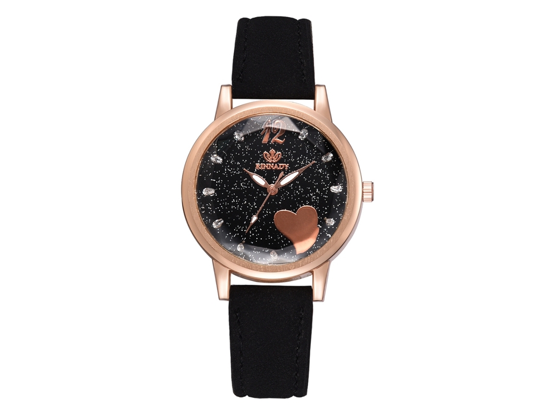 Relógio Feminino de Moda Pulseira de Couro Pu Quartzo com Padrão de Céu Estrelado Strass Preto