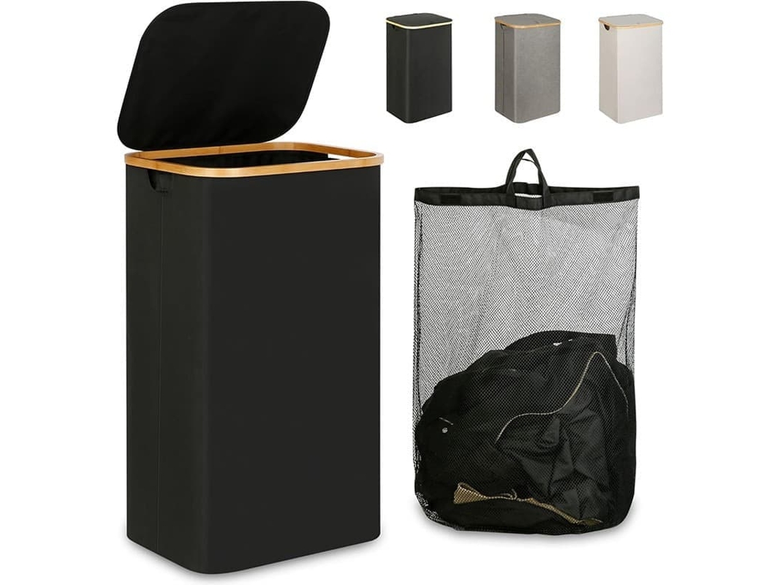 Cesto de Roupa Suja com Tampa, 100l, com Alça de Bambu BRILVIBERA