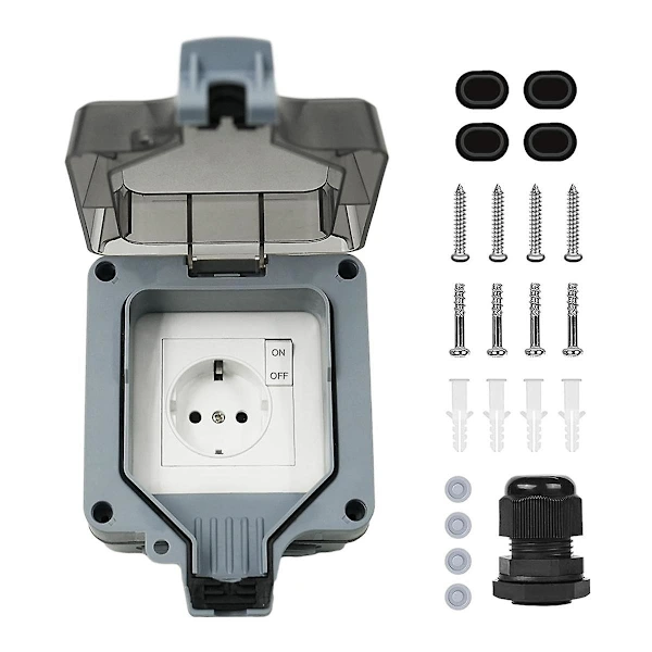 Tomada Externa À Prova D'água Ip66 de 1 Via com Interruptor, Luz Indicadora e Tampa Articulada com Trava. Plugue Europeu BRILVIBERA