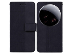 Capa Tipo Carteira De Couro Com Padrão Geométrico E Alça De Pulso Para Xiaomi 15 Ultra, Preta