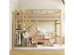 Cama Infantil Madeira Maciça 140x200 Cm Com Escada Arrumação, Grades Altas Segurança E Acabamento Natural