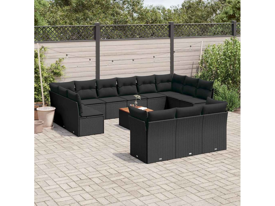 Vidaxl 14 Pcs Conjunto De Sofás P/ Jardim C/ Almofadões Vime Pe Preto