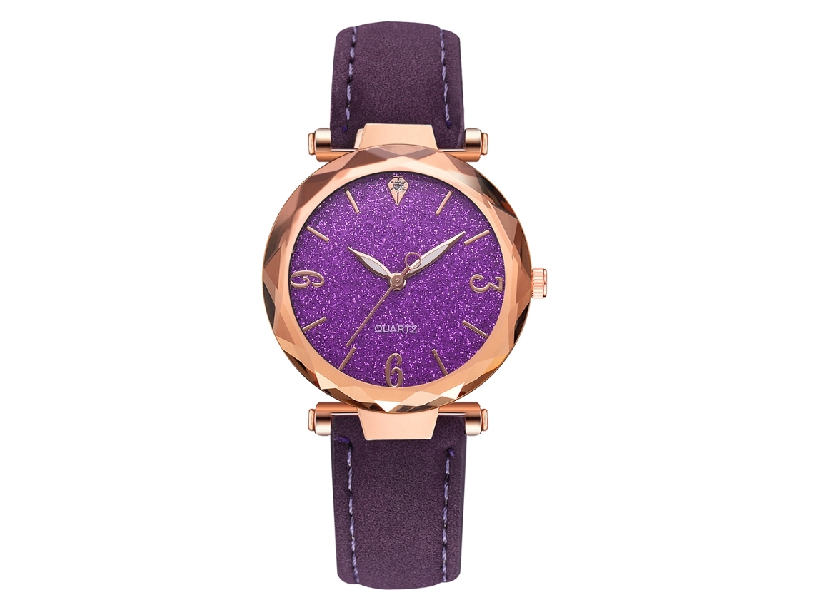Relógio de Pulso Feminino de Quartzo com Painel Redondo e Pulseira de Couro Pu Roxo