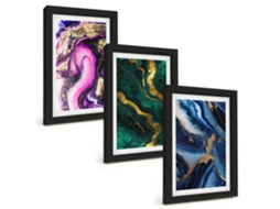 Conjunto De Pinturas Padrões Abstratos De Rosas, Vegetação Moldura Preta Quadros Para A Sala De Estar Espelharte (3 Peças 20x30 Cm)
