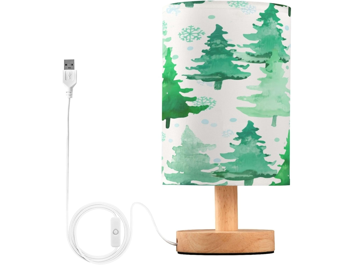 Abajur De Cabeceira Em Formato Árvore Natal Aquarela, Pequeno, Com Led, Portas Usb E Cúpula De Tecido, Ideal Para Quarto