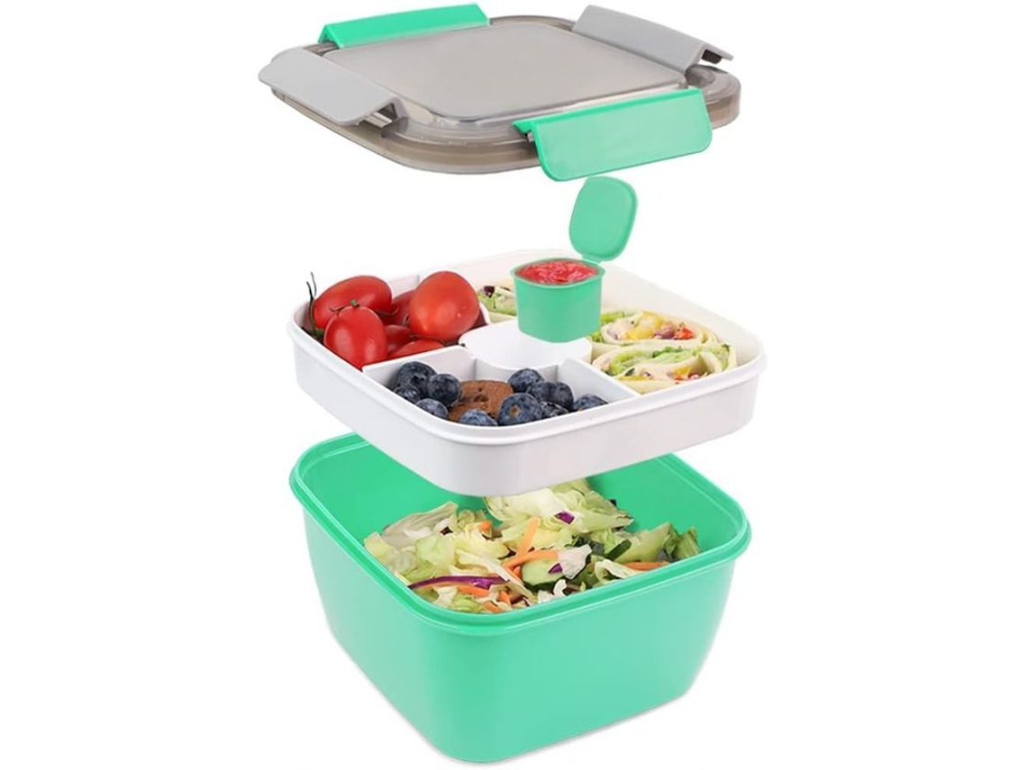Bento Box 1500ml com 3 Compartimentos, Bowl de Salada, Potinho para Molho e Colher Reutilizável