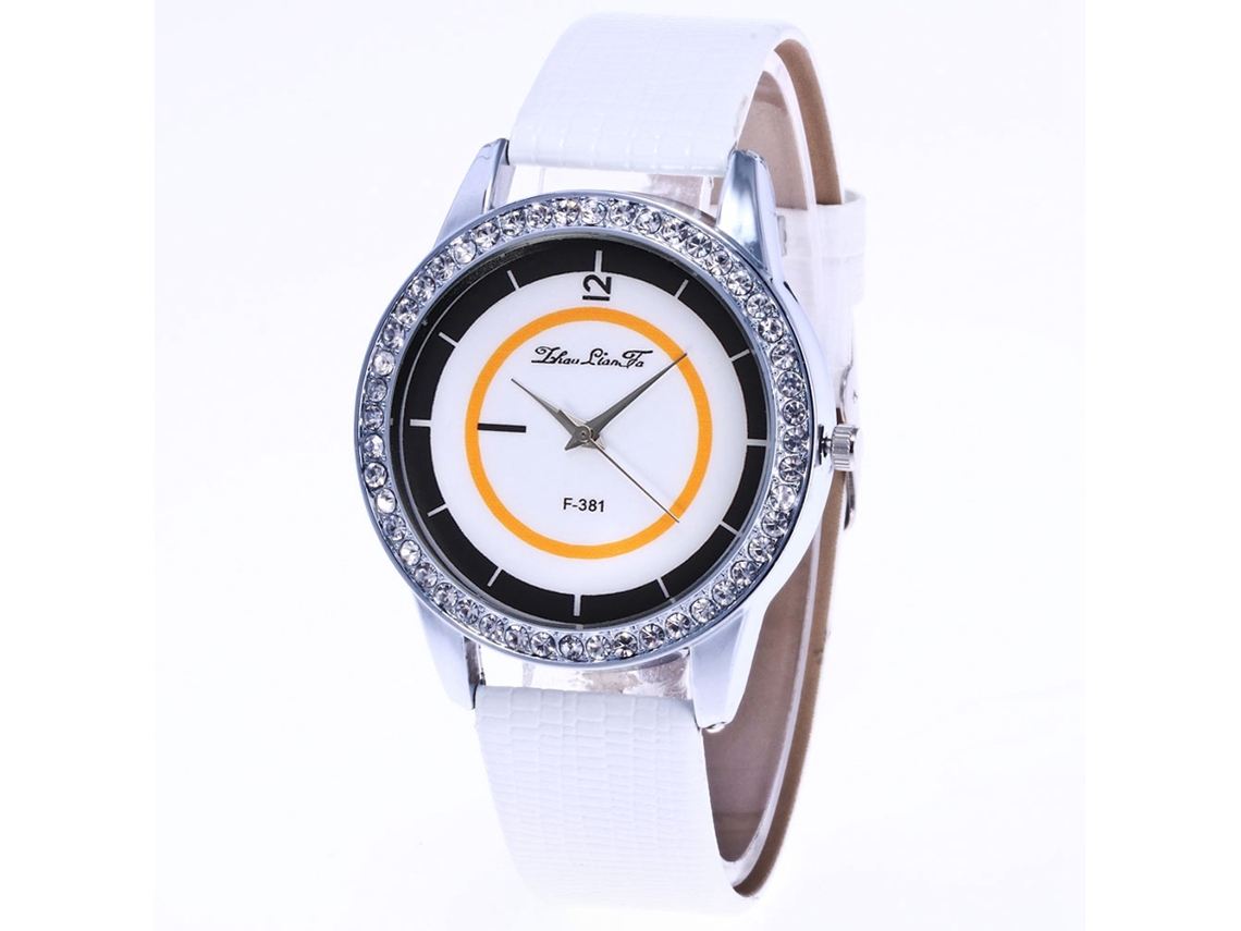 Relógio Unissex de Couro Pu com Strass Pulseira Quartzo Dial Redondo Branco