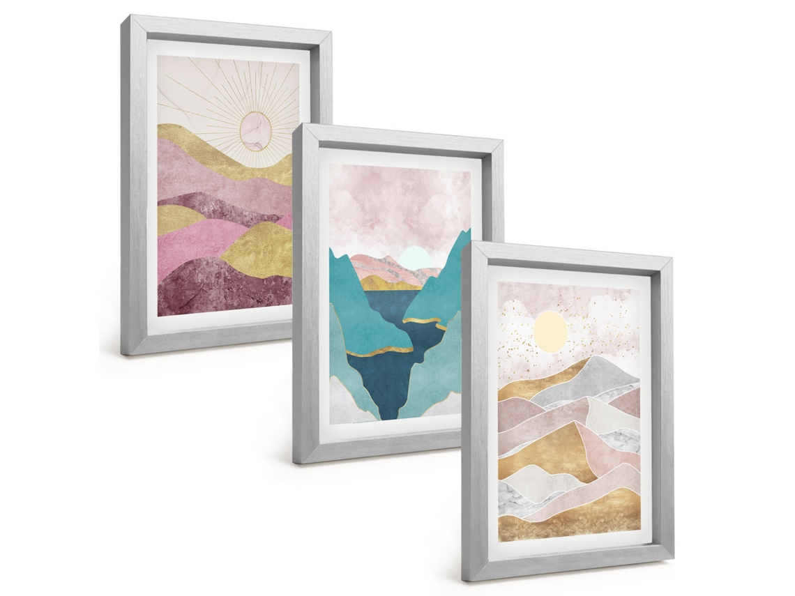 Composição De Quadrosmontanhas Abstratas, Sol Moldura Prateada Imagens Para Um Quarto Infantil Espelharte (3 Peças 20x30 Cm)