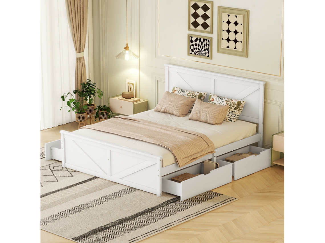 Cama Simples De Madeira 160x200 Com Quatro Gavetas, Branca.