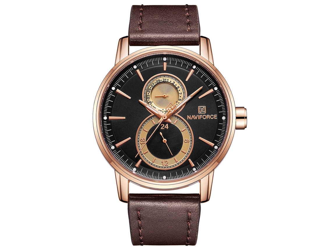 Relógio de pulso masculino Naviforce em couro, quartzo, resistente à água até 3 ATM, rosa/marrom
