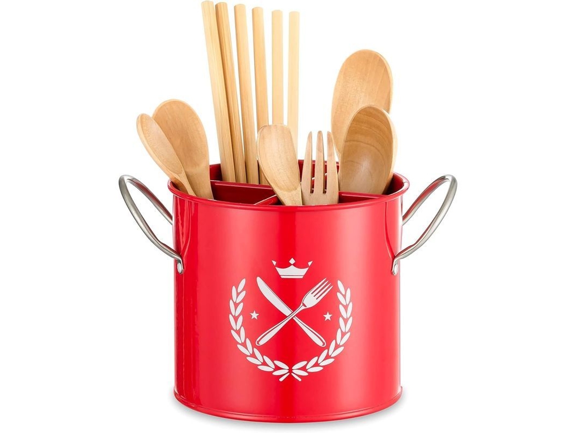Porta Utensílios De Cozinha Grande Com Tampa, Asa De Aço Inoxidável E Grade De Drenagem, Vermelho