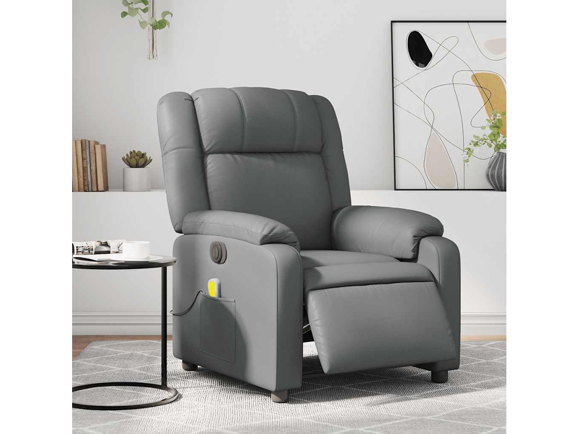 Vidaxl Poltrona Massagens Reclinável Elétrica Couro Artif. Cinzento