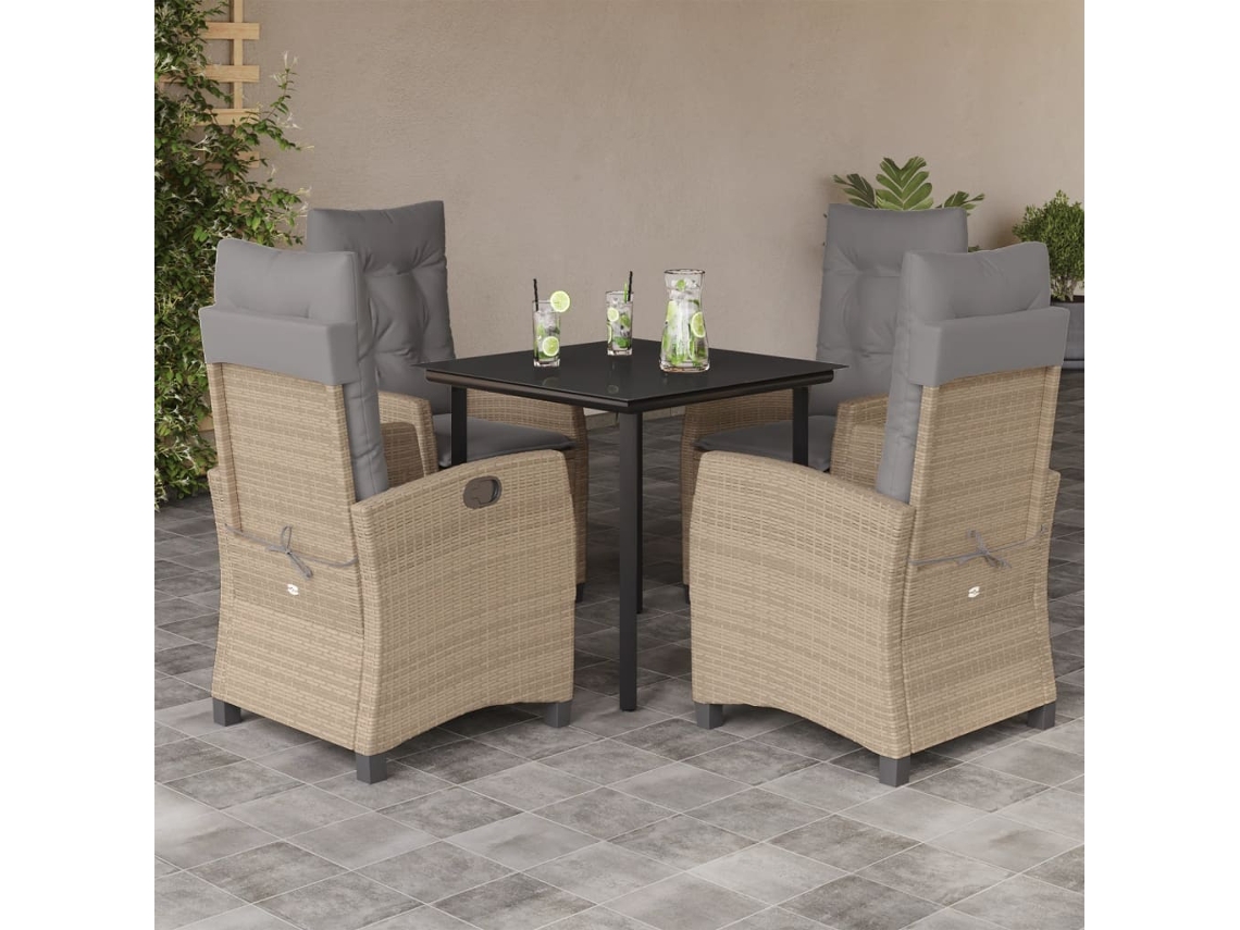 Conjunto 5pcs Jantar Jardim C/ Almofadões Vime Pe Bege Misturado Dkd Home Decor