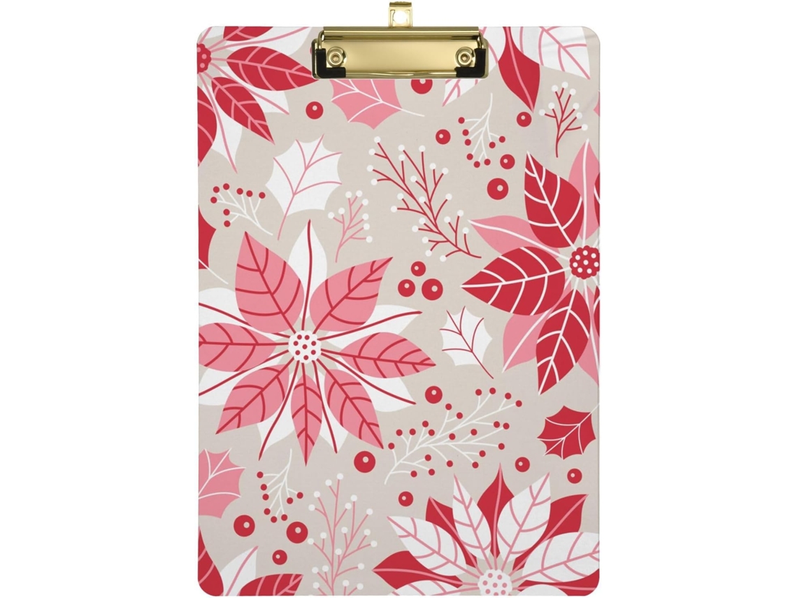 Prancheta de Plástico Listrada Vermelha com Estampa Floral Natalina para Professores do 5º Ano. 31,8 X 22,9 0,