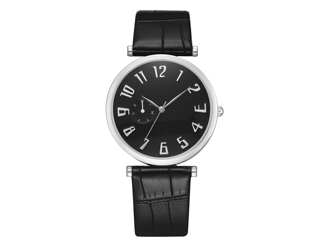 Relógio de quartzo unissex casual e moderno com pulseira de couro PU e mostrador grande prateado/preto.