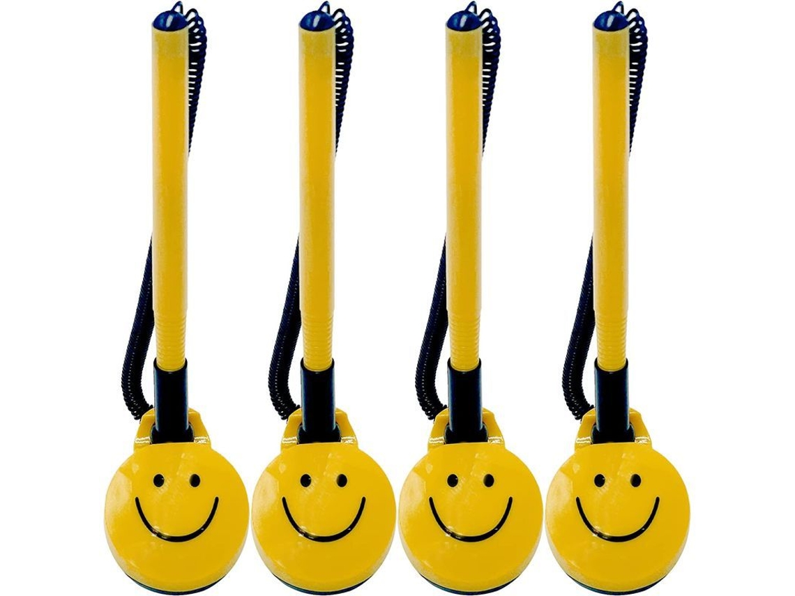 4 Canetas Seguras com Fio Plástico Anexadas a Suporte Adesivo com Design de Sorridente