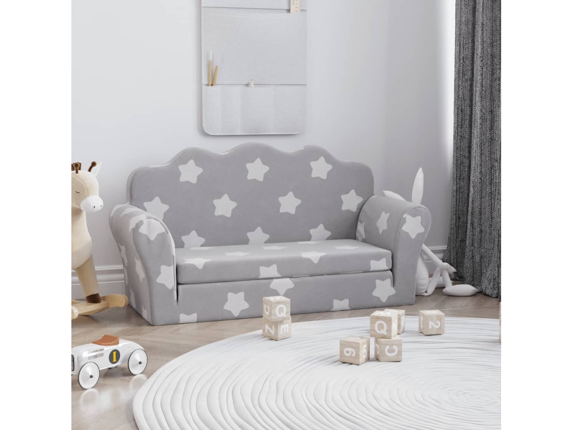 Vidaxl Sofá-cama Infantil 2 Lugares C/ Estrelas Pelúcia Cinzento-claro