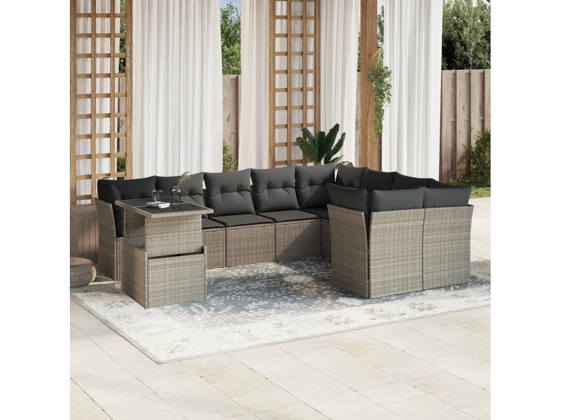 Vidaxl 10 Pcs Conj. Sofás Jardim Com Almofadões Vime Pe Cinzento-claro