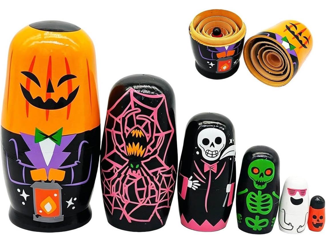 Conjunto De 6 Bonecas Russas De Madeira Com Caveiras Fantasmagóricas Para O Halloween |