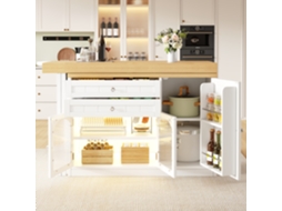 Ilha De Cozinha Mesa De Jantar Extensível 120-194cm Tampo Giratório 360°, Portas Envidraçadas, Gavetas E Arrumações Branco E Preto