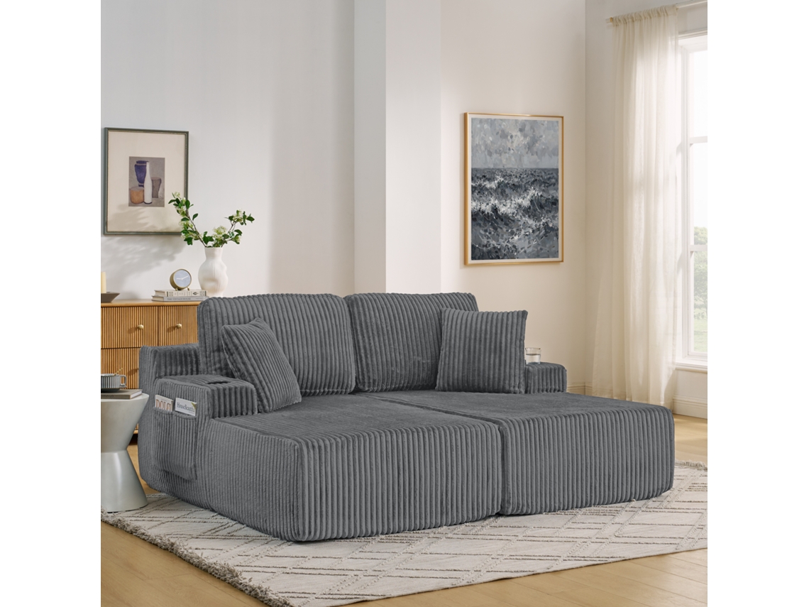 Sofá cama 2 Lugares Veludo Cotelê Porta copos Bolsos Cinza VOLTEDGE