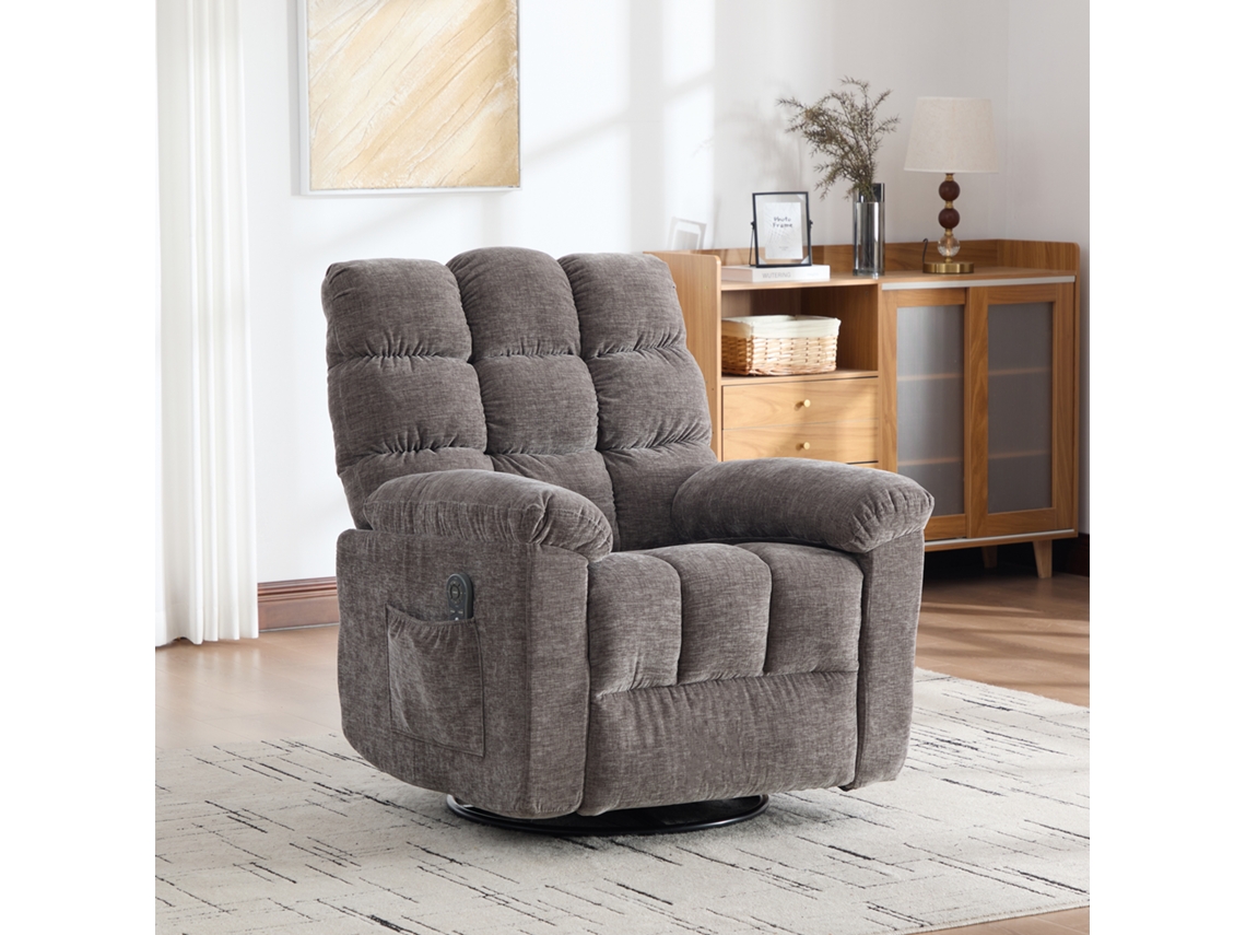 Poltrona Relax Elétrica Giratória 360° Com Massagem E Aquecimento, Encosto E Apoio Para Os Pés Ajustáveis E Bolsos Laterais. Cinza.