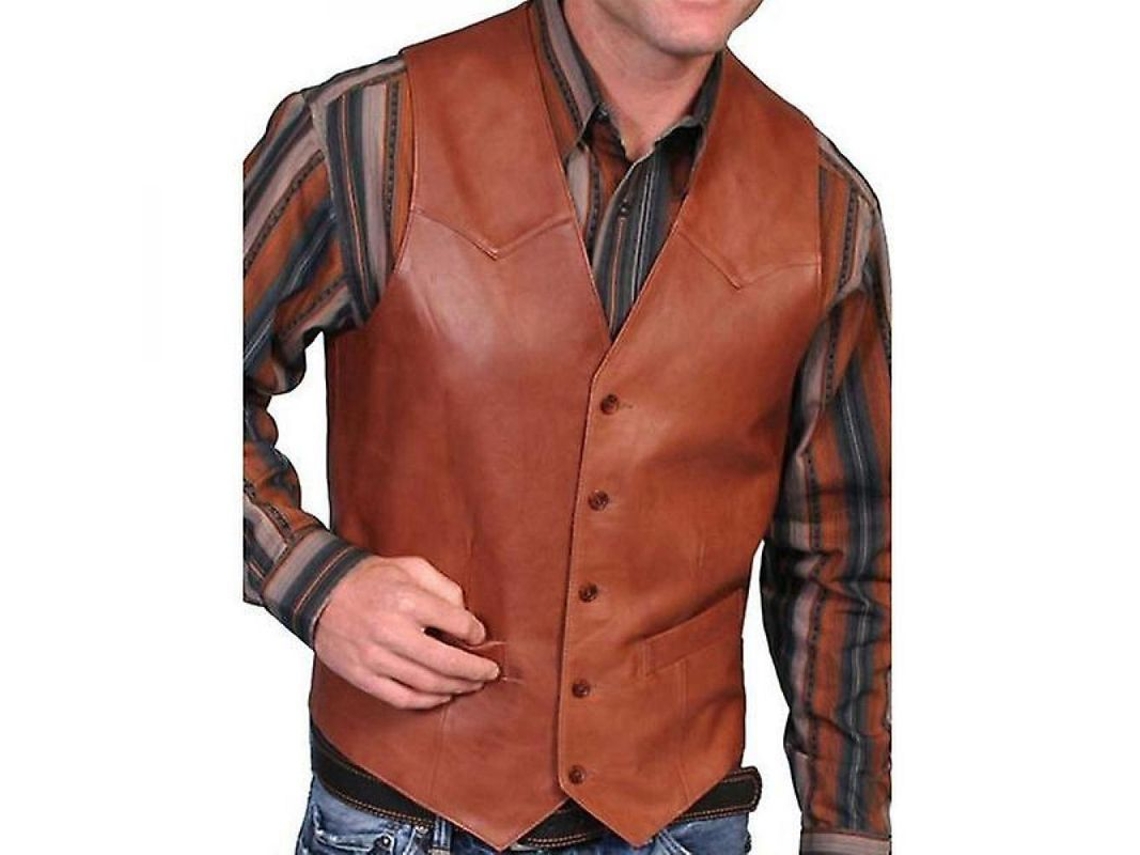 2026 chaleco Vaquero de Piel Falsa para Hombre Talla Asiática Otoño Moda L6p Alm 4xl Marrón