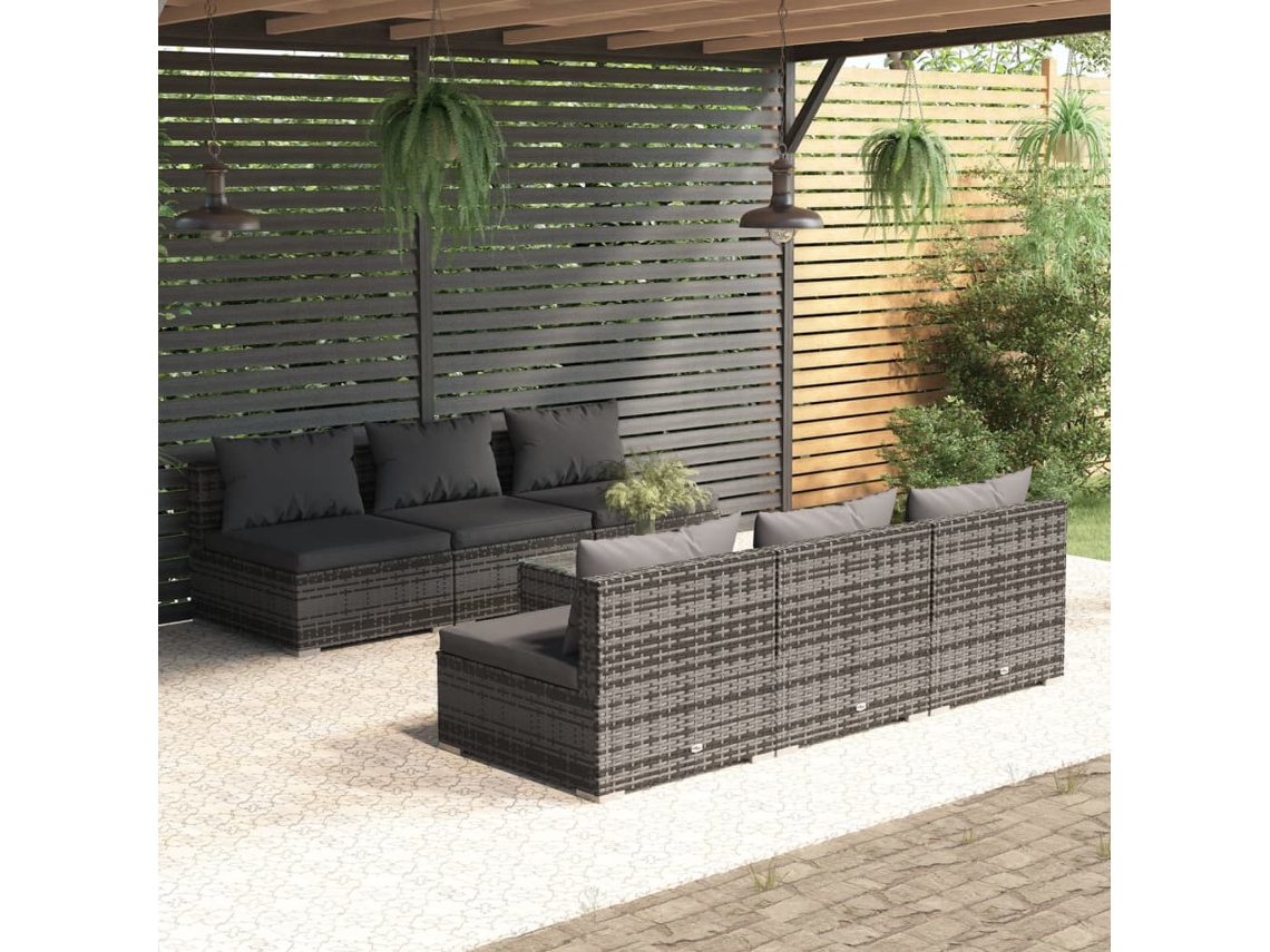 Vidaxl 7 Pcs Conjunto Lounge De Jardim C/ Almofadões Vime Pe Cinzento