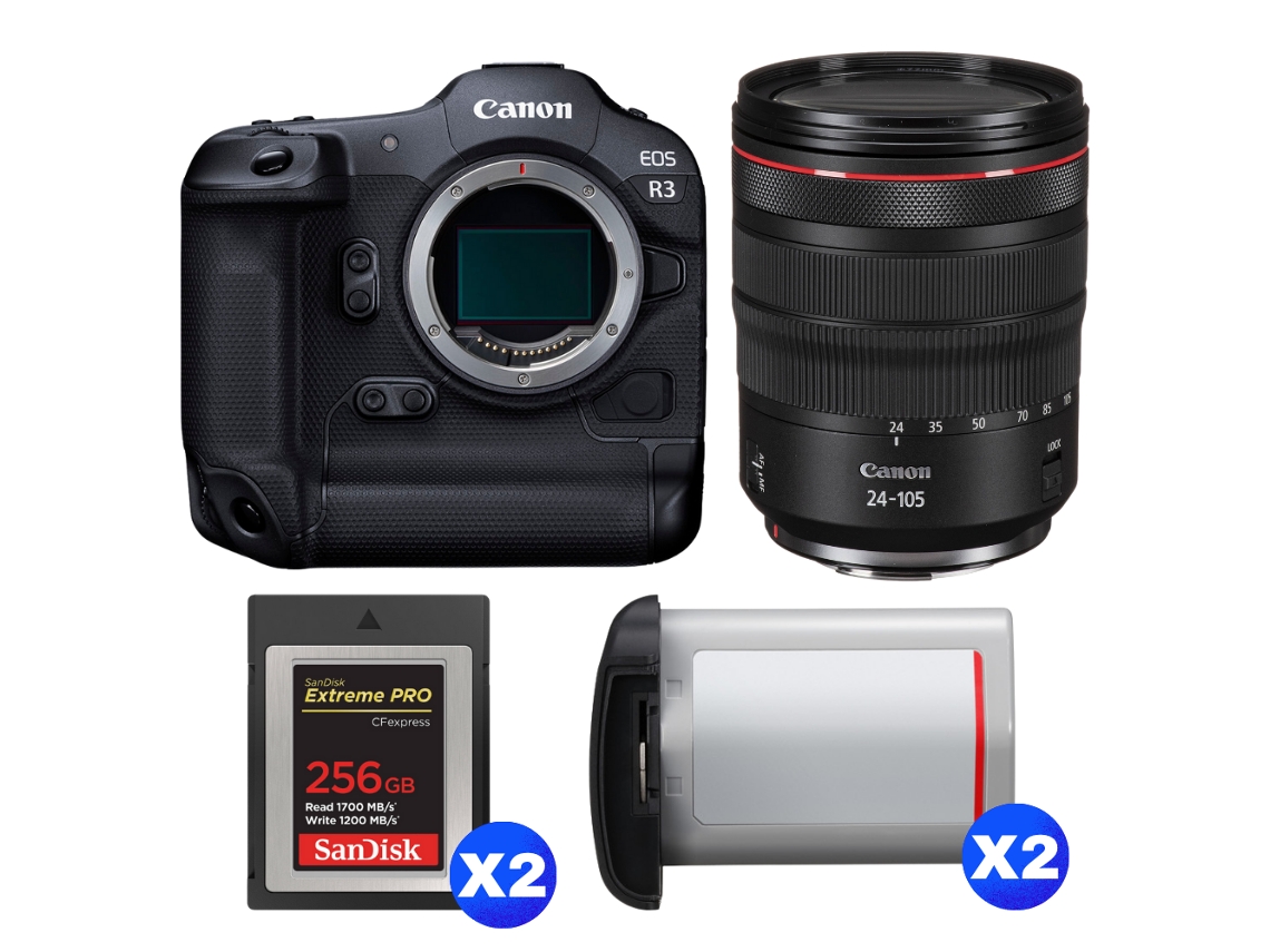 Eos R3 + Rf 24 105mm F/4 L Is Usm + 2 Sandisk 256gb Extreme Pro Cfexpress Type B + 2 Canon Lp e19 + Ebook “20 Dicas para Fotos Que Impressionam” CANON